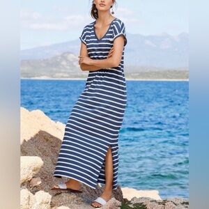 Peruvian Connection Newport Maxi Dress Blue Striped Size M Short Sleeve Beach